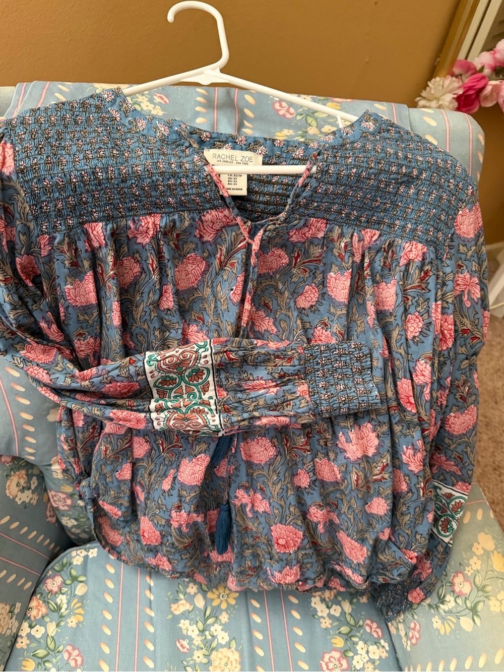 Rachel Zoe Blue Floral Smocked Peasant Blouse with Pink Blooms